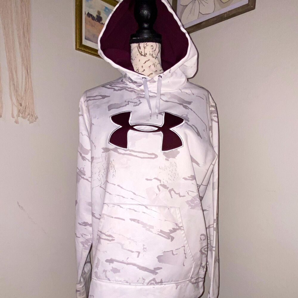 Under Armour Mens L Pullover Hoodie White/Gray Camo Maroon Logo Pockets